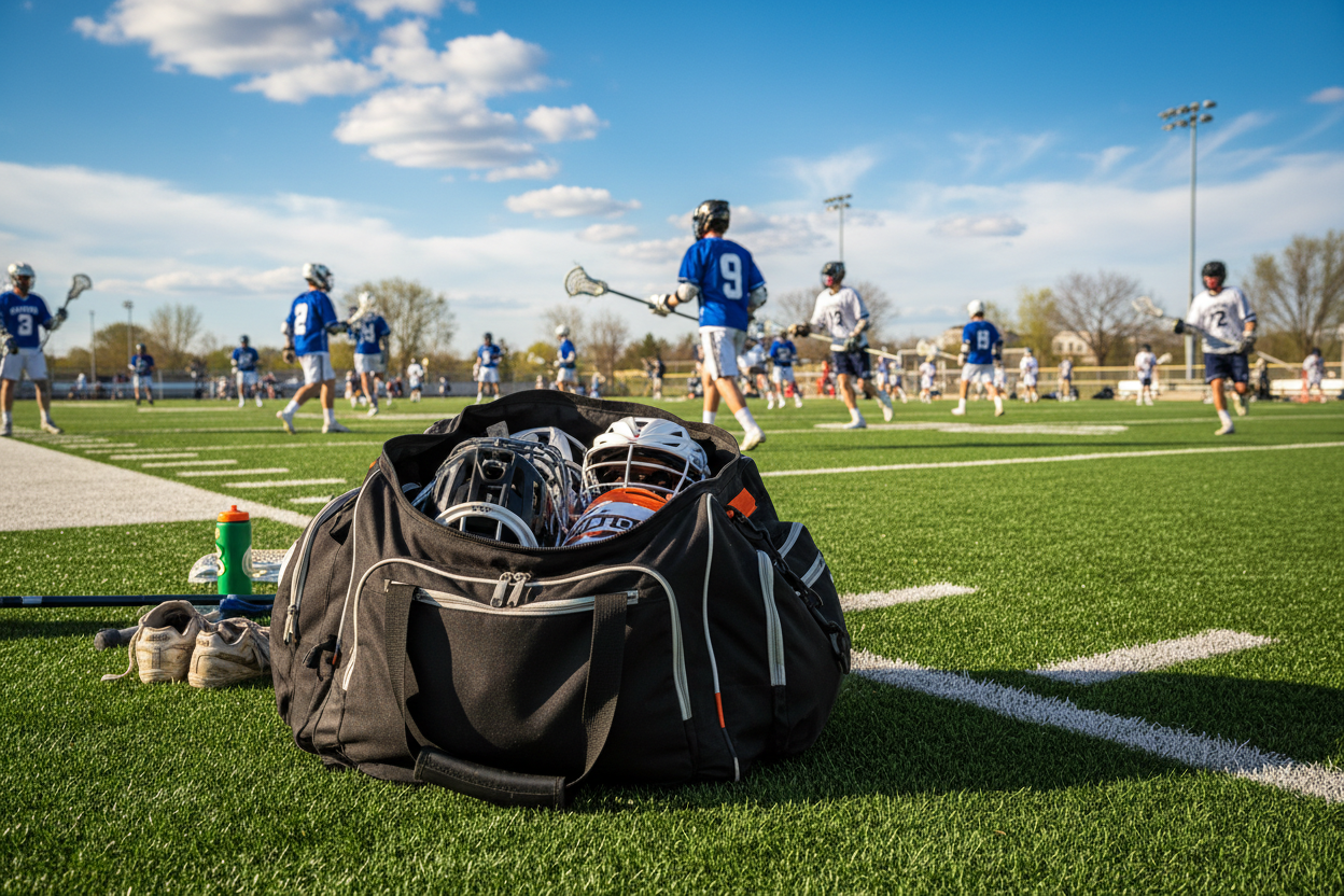 Lacrosse Gear bag on the side of a spring match